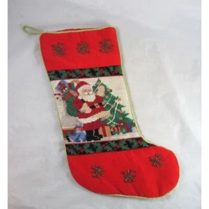 Needlepoint Christmas Stocking Santa Toys Bead Embellished Wool Holiday Decor - Picture 1 of 8