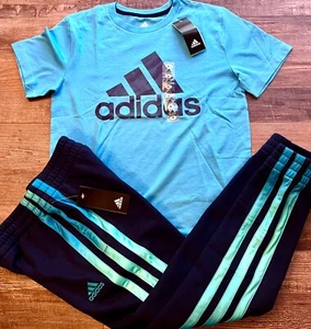 NWT Adidas Boys YXL Navy/Light Blue/Aqua Shirt and Sweatpants 2pc Set - Picture 1 of 5