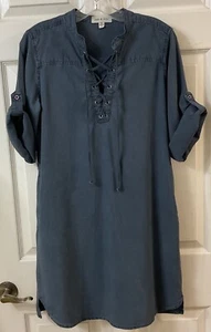 Vestido túnica Cloth & Stone Xander azul cambray pequeño con cordones mangas enrollables - Imagen 1 de 19