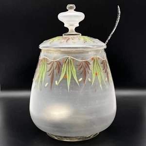 Antique Bohemian Enameled Frosted Glass 12" Punch Bowl W/Lid Silver-Plated Spoon - Picture 1 of 18