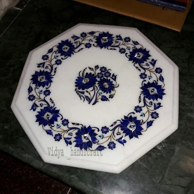 12" Marble Coffee Octagon Table Top Lapis Lazuli Inlay Floral Pattren Art Polish - Image 1 of 2