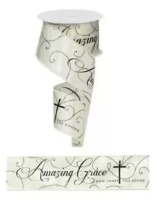 Amazing Grace Religious Cross Scripture IVORY SATIN Wired Ribbon 2.5" by Yard - Picture 1 of 4