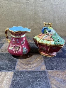 TRACY PORTER Artesian Road Creamer & Sugar w/Lid Handpainted Peacock Whimsy Boho - Picture 1 of 9