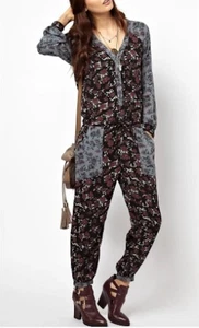 Free People Jumpsuit Sheila Blumen, X-Small XS SCHWARZ GRAU BOHEMIAN SHABBY CHIC - Bild 1 von 9