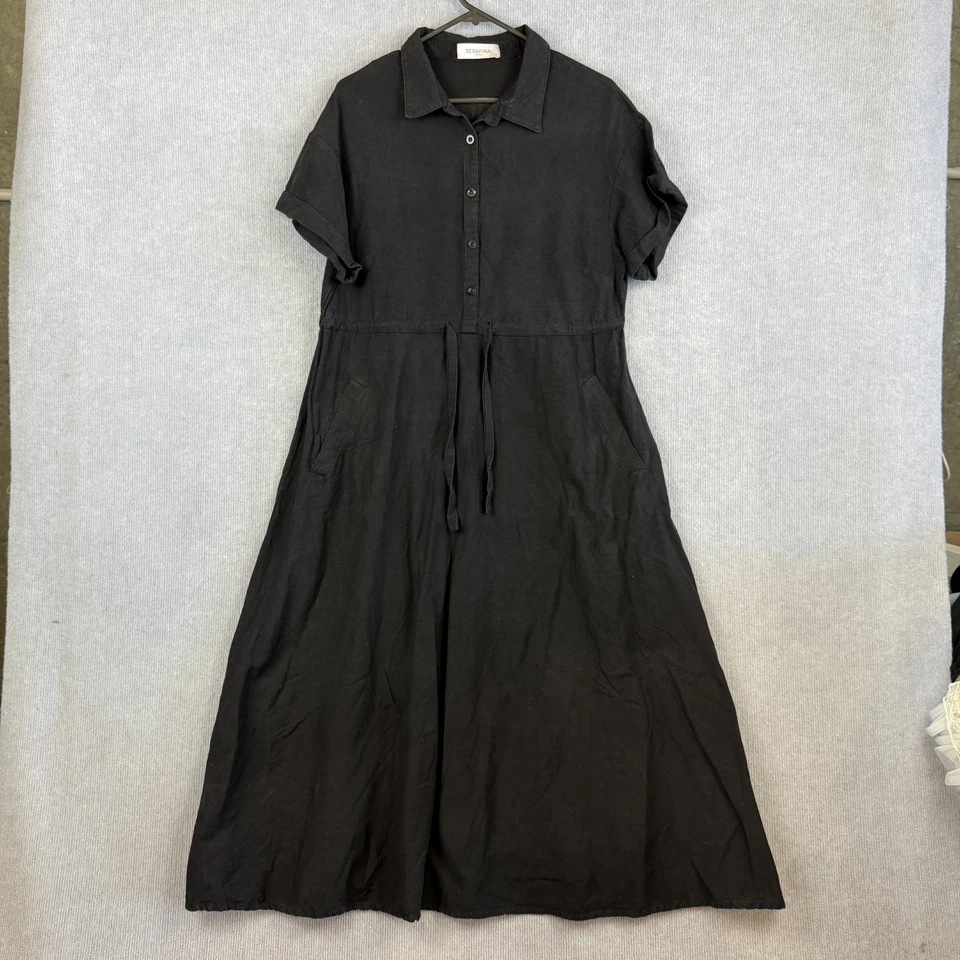 Vestido Serafina Mujer 14 Negro Camisa Mezcla de Lino Bolsillos Corbata Cintura Midi Foto 1 de 4