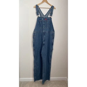 Dickies Bib Overalls Blue Denim Carpenter Workwear Baggy USA Conductor Men 40x32 - Picture 1 of 12