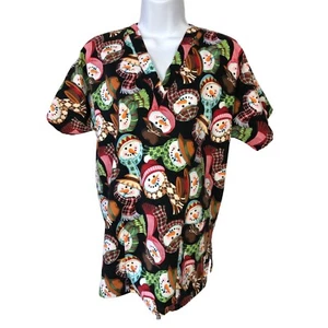 Mad About Scrubs Womens Scrub Top Size M Black w Snowmen Holiday Pockets V neck - Picture 1 of 11