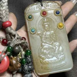 Rare China Tibetan Natural Old Jade KWAN-YIN Blessing Pendant Inlaid Dzi Beads - Picture 1 of 14