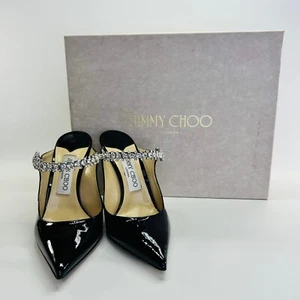 Jimmy Choo Bing 100 Size 37 Black Patent Leather Mule w/ Crystal Strap Heel - Picture 1 of 19
