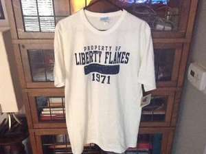 NWT Liberty University Flames 1971 ‘Properly Of’ White Champion T Shirt SZ L - Picture 1 of 8