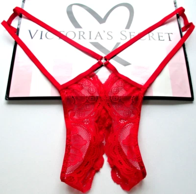 VICTORIA'S SECRET MUY SEXY TANGA PIERNA ALTA PANTY VS encaje rojo M L parte inferior abierta nueva con etiquetas Foto 1 de 4