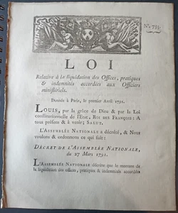 LOIS ARRETES DECRETS - LOI - Liquidation des Offices - 1 Avril 1791 - Imagen 1 de 2