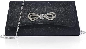 Women's Evening Handbag Sparkly Bow Clutch Purse Wedding Formal Party Cocktail - Picture 1 of 6