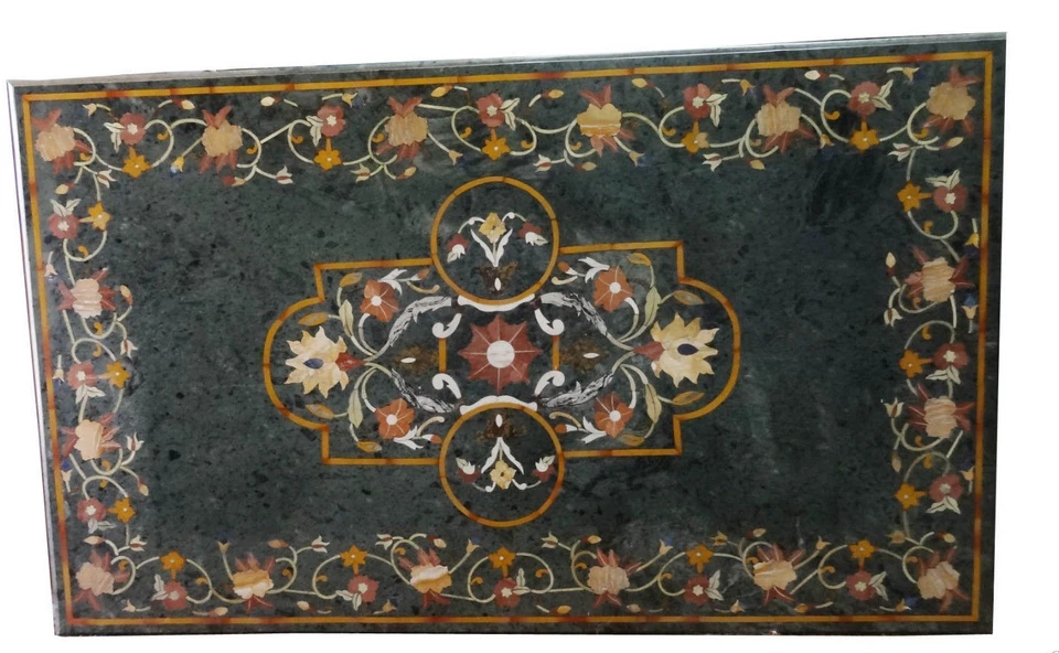 48" x 32" Green Marble Center Dining Table Top Semi Precious Stones Inlay Work - Image 1 of 1
