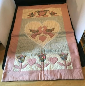 Quilted Baby Blanket Birds Hearts Pink 35" x 21" - Picture 1 of 2