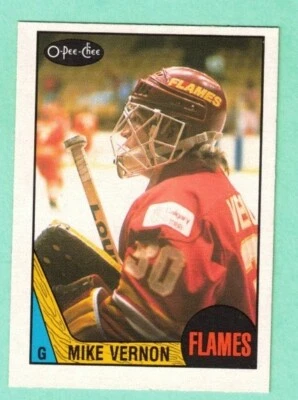 (1) MIKE VERNON 1987-88 OPC  # 215 FLAMES ROOKIE GOALIE NM  CARD (L6206) - Image 1 of 2