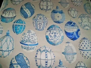 KRAVET COUTURE ROMFORD FABERGE EGGS LINEN TOILE FABRIC 1 YARD REMNANT BLUE MULTI - Picture 1 of 7