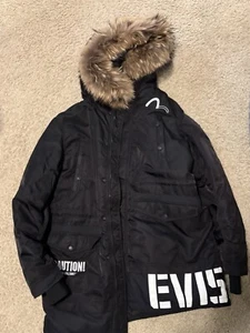 EVISU LOGOS AND "CAUTION" EMBROIDERY FASHION FIT MEN’S DOWN JACKET - Picture 1 of 4