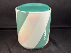 2022 Starbucks Holiday Ceramic Tumbler Swivel Close Lid Green White Striped 8 oz - Picture 1 of 10