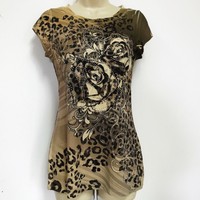 Body Central Womens Blouse Size L Multicolor Animal Floral Print Rhinestones