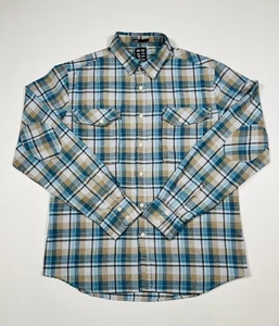 Billabong Shirt Mens Medium Blue Tan Plaid Flannel Western Elbow Patch Casual - Picture 1 of 7