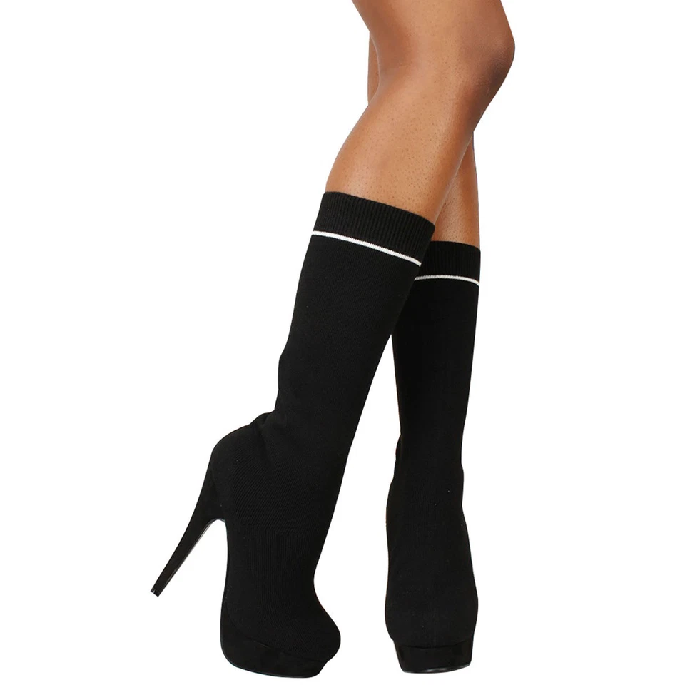 Nuevo Calcetín Tejido Negro Elastizado Medio Pantorrilla Botines Bota Tacón de Aguja Plataforma Foto 1 de 1