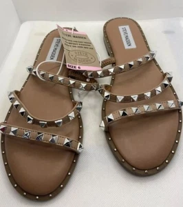 New Steve Madden Silver Studded Sandals Tan LODL01S1 Size 6 Slip On Flats NWT - Picture 1 of 15