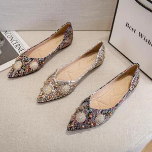 Lady Ethnic Pointed Toe Rivet Rhinestone Boat Shoes Cosy Flat Heel Slip-On Pumps - Picture 1 of 26