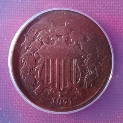 1871 P  2 cent U.S. Copper Coin ANACS Graded VG 8 . - Image 1 of 4