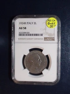 1924R ITALY TWO LIRA NGC AU58 2L Coin PRICED TO SELL NOW! - Picture 1 of 4