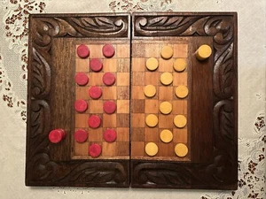 Hand Carved Wooden Inlay Checkers Bakelite & Backgammon Set WWII Era Vintage - Picture 1 of 24