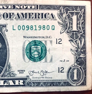 Sept 8 1980 or 9 Aug 1980:  Birthday Note One Dollar Bill L 00-9-8-1980 Q - Picture 1 of 3