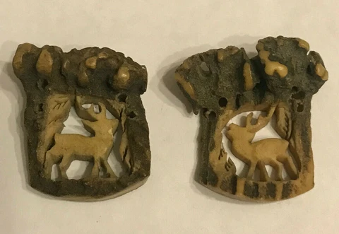 Antique Austrian Hunting Buttons Horn Hand Carved Deer 2 pcs 30mm Cover