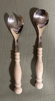 Vintage 11" Set of 2 WMF Cromargan Wood Handle Serving Spoon And Fork - Image 1 of 4