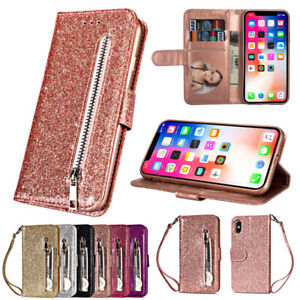 For iPhone 13 12 11 Pro Max XR XS 7 8 Glitter Wallet Case Card Zipper Flip Cover
