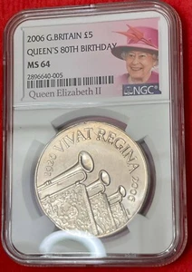 👑2006 Great Britain 5 Pound Queens 80th Birthday NGC MS64 - LOOKS PL!!!👑 - Picture 1 of 4