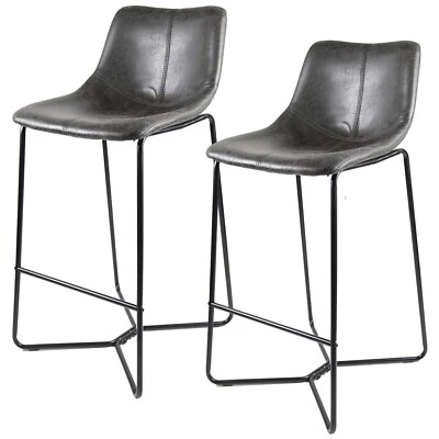 2 X FAUX LEATHER BAR STOOL LUXURY STEEL FRAME GREY KITCHEN BREAKFAST HIGH CHAIR - Image 1 of 4