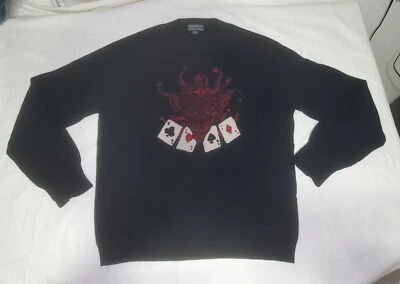 Suéter negro para hombre Lucky Brand Joker Cards 100 % lana de cordero cuello redondo XL   Foto 1 de 4