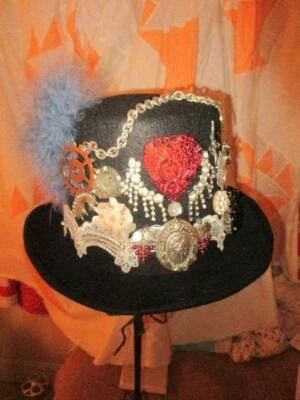 HANDMADE STEAMPUNK HALLOWEEN COSTUME DECORATED TOP HAT BLACK - Image 1 of 4