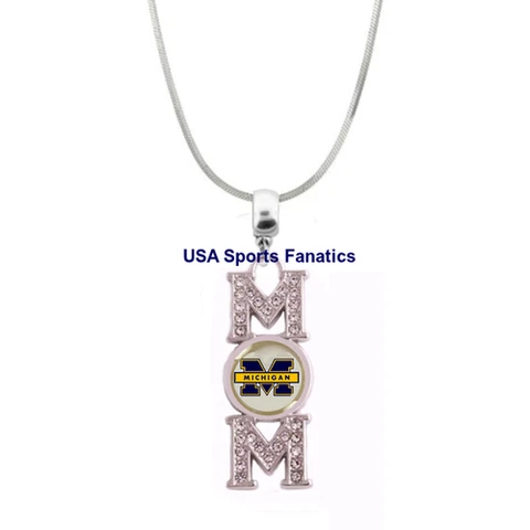 Michigan Wolverines MOM Necklace With Rhinestones On A 925 SS Snake Chain Cover