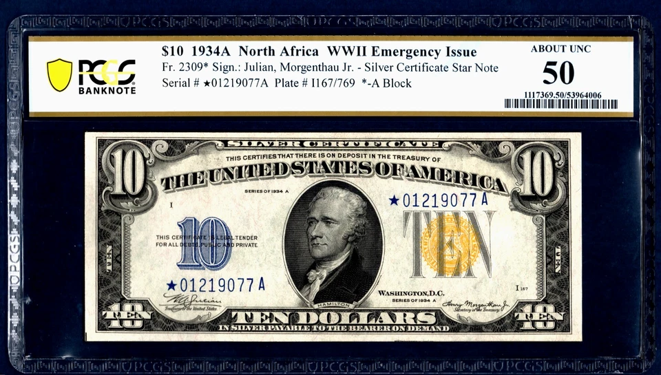 1934 A💲10  S/C   NORTH AFRICA   🌟 STAR NOTE 🌟 Fr-2309*    PCGS  50 - Image 1 of 4