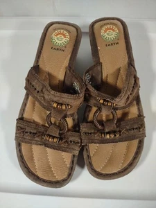 Earth Spirit Damen-Sandalen 9 Comfory Keilabsatz Pantoletten Ahornbraun Boho Holzperlen - Bild 1 von 8