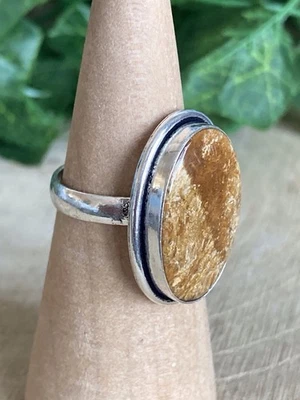 Seam Agate Ring Size R Sterling Silver 925 Plated Oval Bohemian Vintage Style - Image 1 of 4