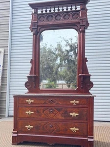Eastlake Carved Walnut Dresser and Mirror - Picture 1 of 11