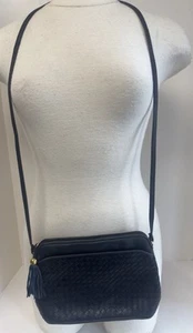 Vintage Ganson Woven Leather Blue Black Crossbody Shoulder Bag Handbag Purse EUC - Picture 1 of 14