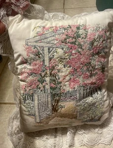 Vintage Cross Stitch Cottagecore Pillow Garden Floral Lace Eyelet Size 13 X 15” - Picture 1 of 7