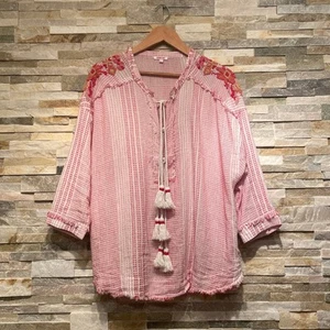 Johnny Was S Embroidered Beaded Top | Red Boho Tunic Peasant Blouse + Pockets - Picture 1 of 12