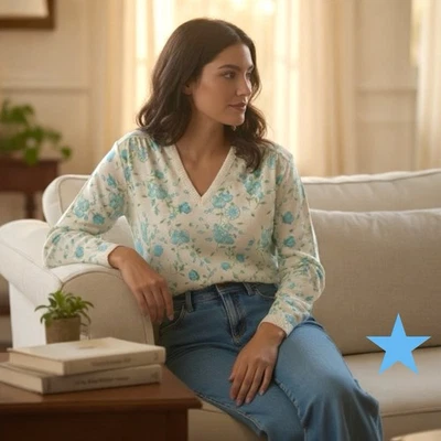 Givenchy Sport Vintage 70s Women’s Spring Acrylic Cream Sweater Sz M Aqua Flower - Image 1 of 4