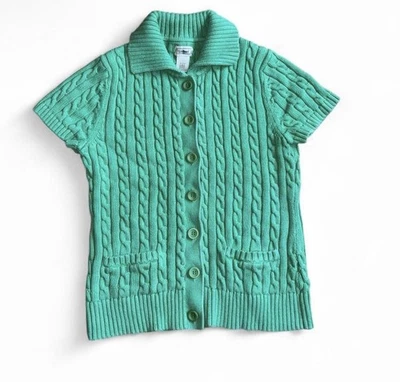 LL Bean Cable Knit Sweater Women’s Medium Green Short Sleeve Button Up Y2K 90’s - Image 1 of 4
