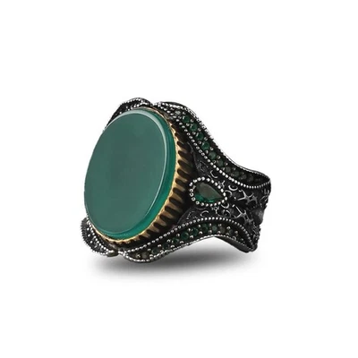 Green Agate Men's Silver Ring, Handmade Green Agate Stone Silver Ring for Men, - Изображение 1 из 3